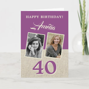 Rustic Purple Happy 40th Birthday 2 Photos Card