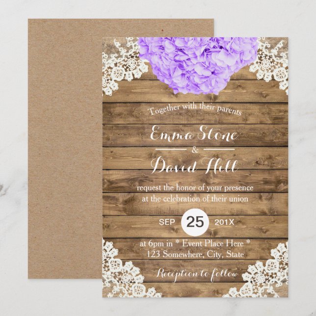 Rustic Purple Hydrangea Floral Lace Barn Wedding Invitation (Front/Back)