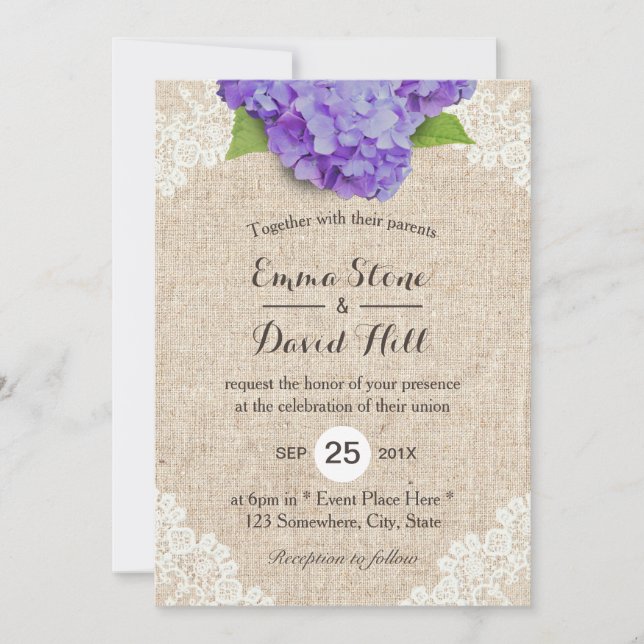 Rustic Purple Hydrangea Floral Lace Burlap Wedding Invitation (Front)