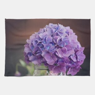 Rustic Purple Hydrangea in Mason Jar Photograph Tea Towel