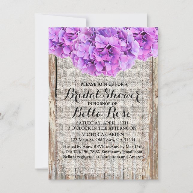 Rustic purple hydrangeas bridal shower  ph1 invitation (Front)