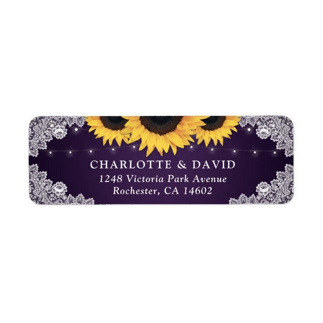 Rustic Purple Lace Sunflower Return Address Labels (Front)