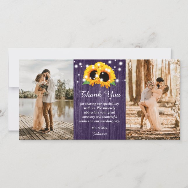 Rustic Purple Lace Sunflower Thank You Photo Card (Front)
