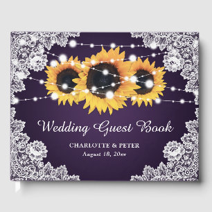 Rustic Purple Lace Sunflower Wedding Guest Book