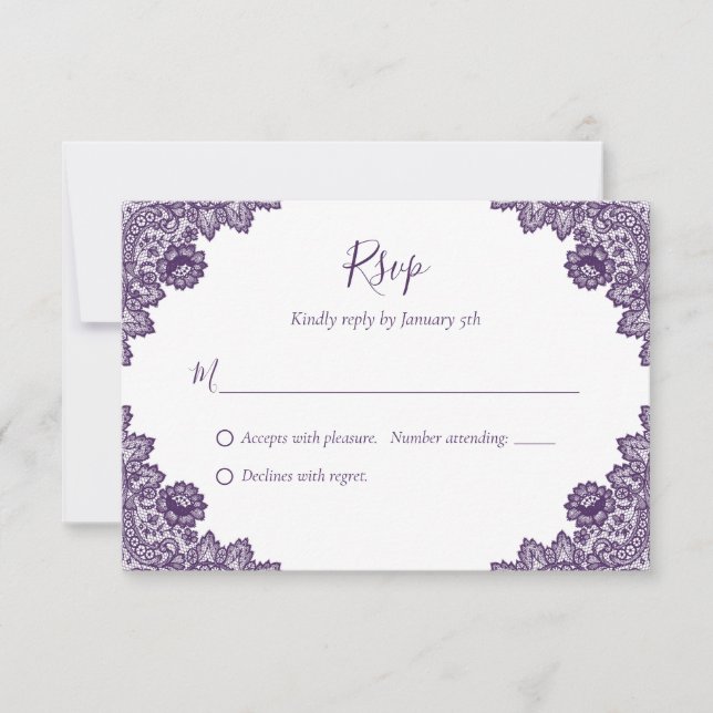 Rustic Purple Lace Wedding RSVP Cards (Front)