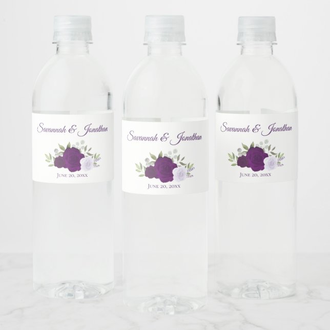 Rustic Purple & Lavender Roses Elegant Wedding Water Bottle Label (Bottles)