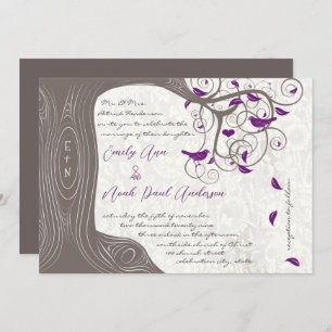 Rustic Purple Love Bird Romantic Tree Wedding Invitation