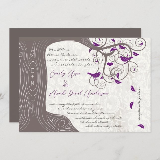 Rustic Purple Love Bird Romantic Tree Wedding Invitation (Front/Back)