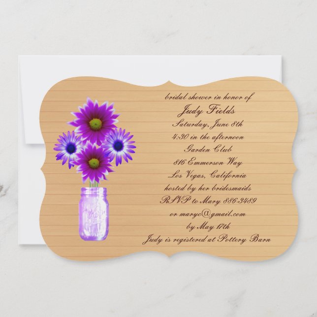 Rustic Purple Mason Jar Bridal Shower Invitation (Back)