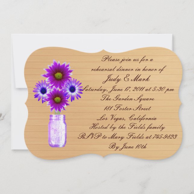 Rustic Purple Mason Jar Rehearsal Dinner Invite (Front)