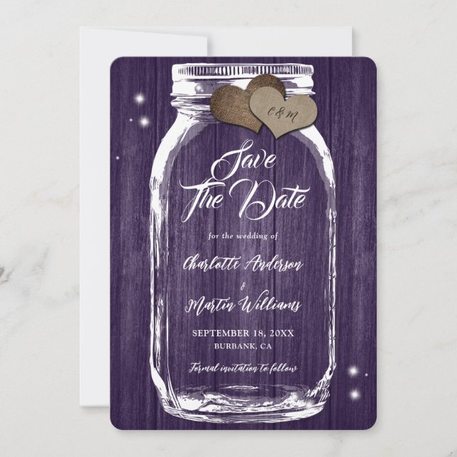 Rustic Purple Mason Jar Wood Wedding Save The Date (Front)