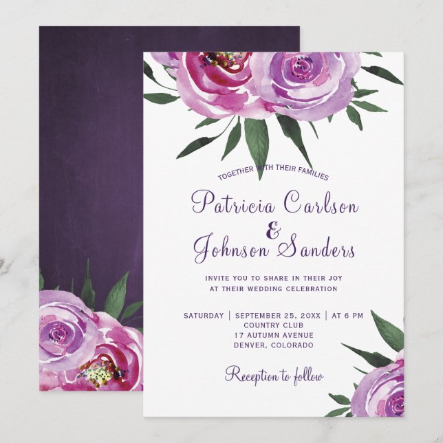 Rustic purple mauve peonies  boho bouquets wedding invitation (Front/Back)