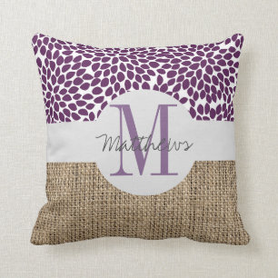 Rustic purple monogram burlap throw pillow
