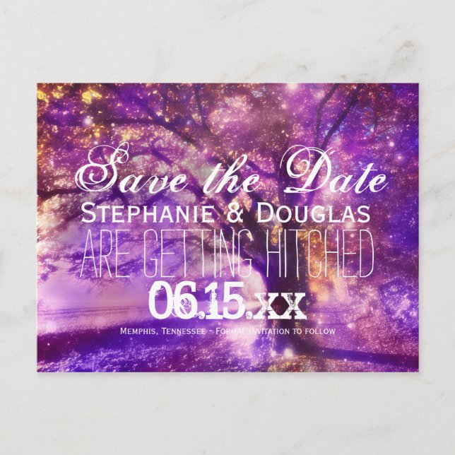 Rustic Purple Oak Tree Save the Date Postcards (Front)