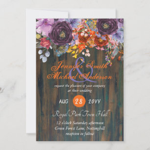 Rustic Purple Orange Pink Floral Wedding Invites
