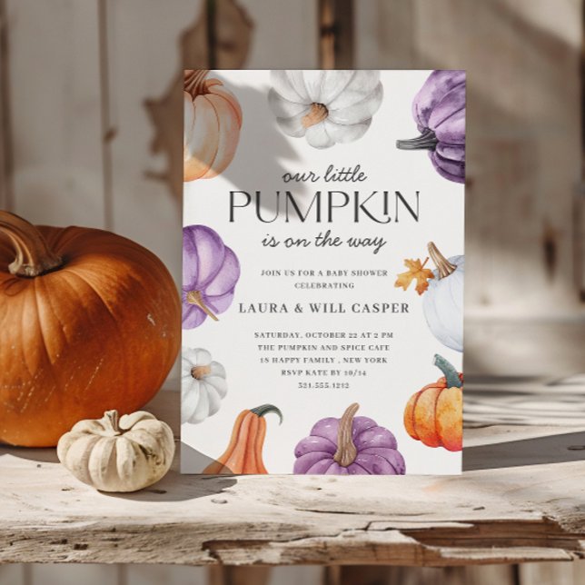Rustic Purple Orange White Pumpkin Baby Shower Invitation (Creator Uploaded)