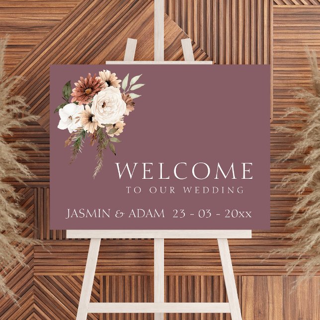 Rustic Purple Peach Floral Wedding Welcome Sign (Rustic Purple Peach Floral Wedding Welcome Sign)