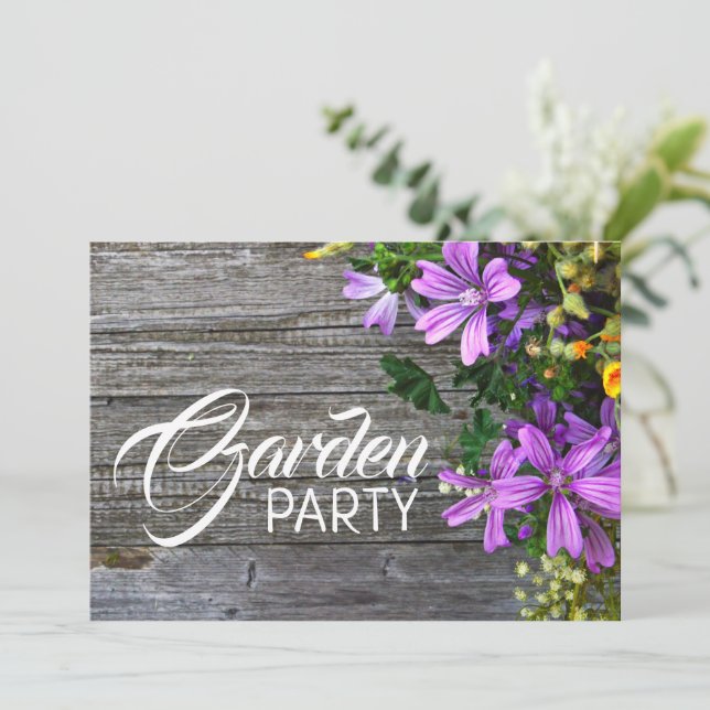 Rustic Purple Petals, Garden Party Invitation (Standing Front)