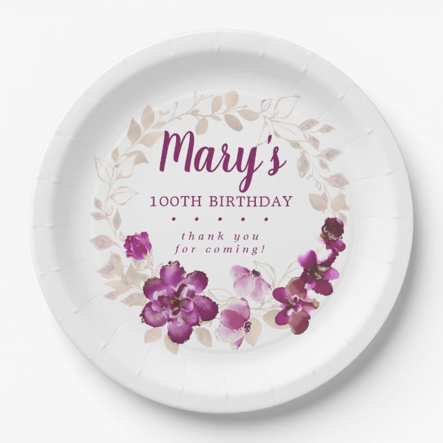 Rustic Purple Pink Floral 100th Birthday Paper Plate (Front)