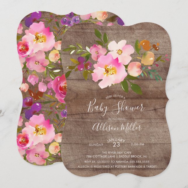 Rustic Purple Pink Floral Baby Shower Invitation (Front/Back)