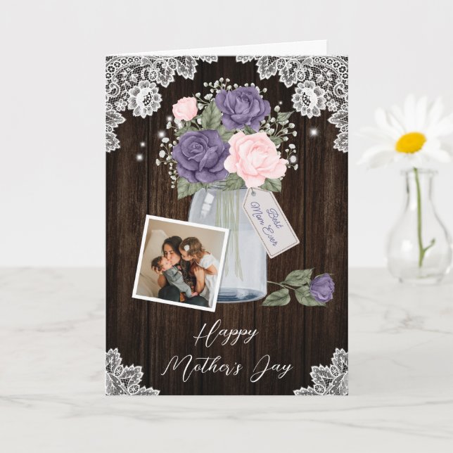 Rustic Purple Pink Floral Photo Happy Mother's Day Card (Small Plant)