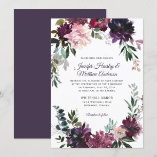 Rustic Purple Pink Mauve Red Floral Wreath Wedding Invitation