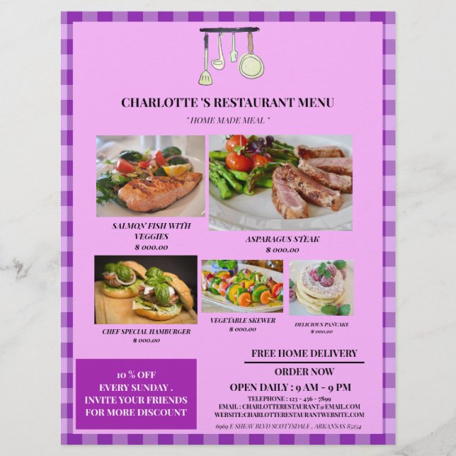 Rustic Purple Plaid Restaurant Menu  (Front)