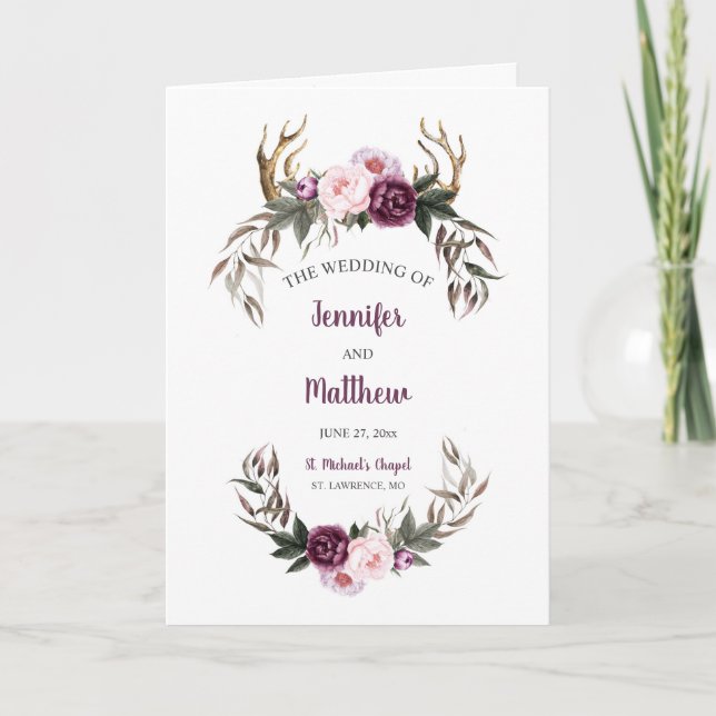 Rustic Purple Plum Peonies Antlers Wedding Program Holiday Card (Front)
