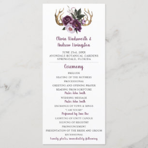 Rustic Purple Plum Pink Peonies Antlers Wedding Programme