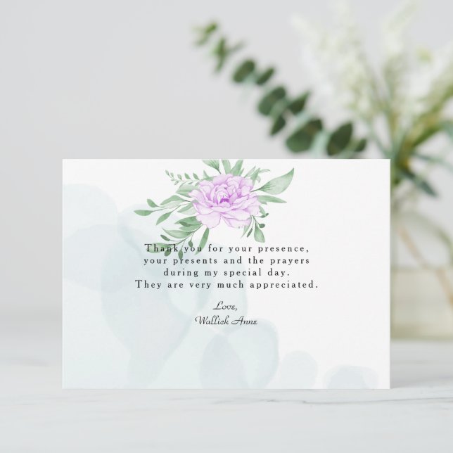 Rustic Purple Rose Eucalyptus Leaves Baptism Photo Thank You Card (Standing Front)