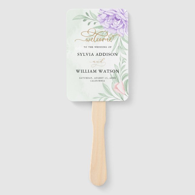 Rustic Purple Rose Floral Eucalyptus Boho Wedding Hand Fan (Front)