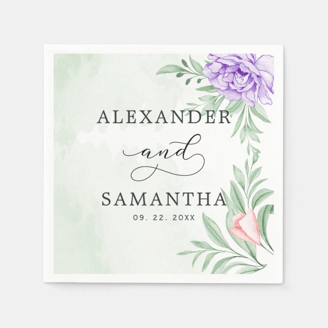 Rustic Purple Rose Floral Eucalyptus Boho Wedding Napkin (Front)