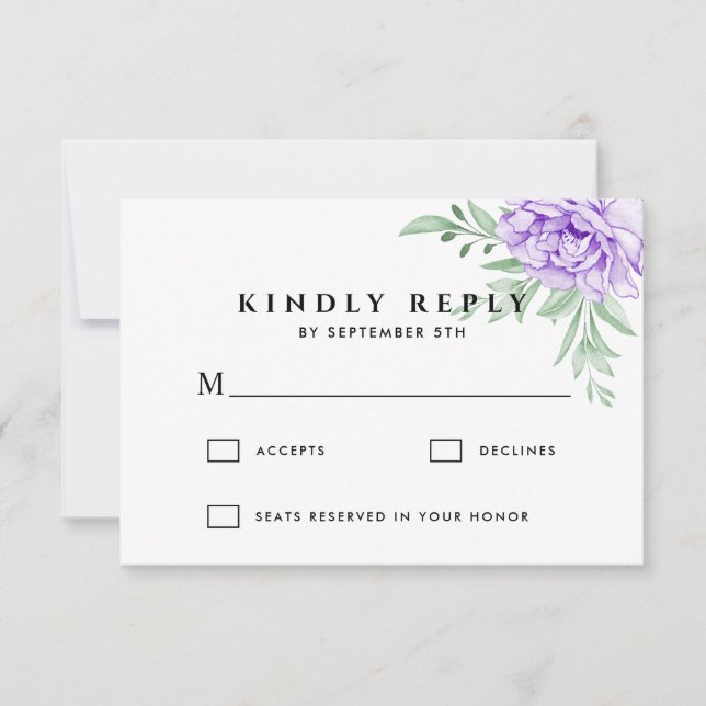 Rustic Purple Rose Floral Eucalyptus Boho Wedding RSVP Card (Front)