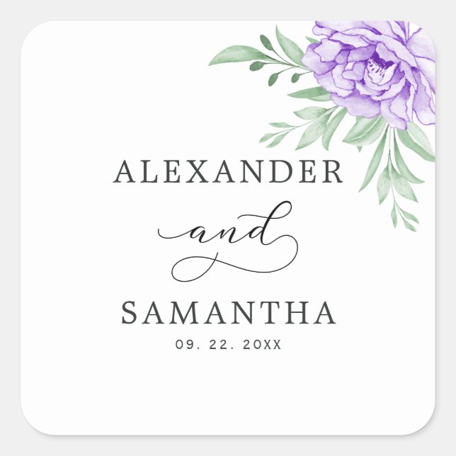 Rustic Purple Rose Floral Eucalyptus Boho Wedding Square Sticker (Front)