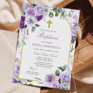 Rustic Purple Rose Floral Girl Baptism Invitation