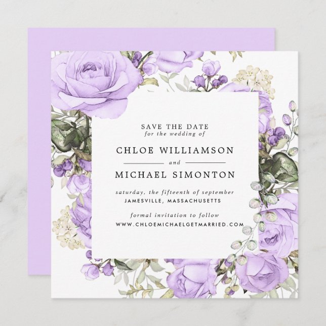 Rustic Purple Rose Floral Save the Date Card (Front/Back)