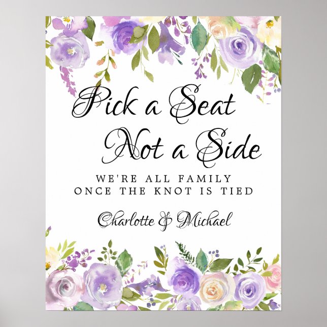 Rustic Purple Rose Floral Wedding Ceremony Seating Poster (Front)