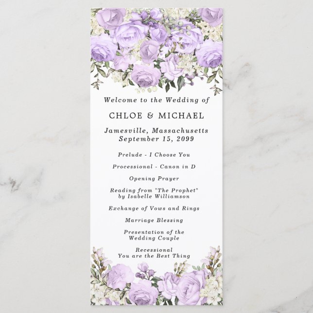 Rustic Purple Rose Floral Wedding Programme (Front)