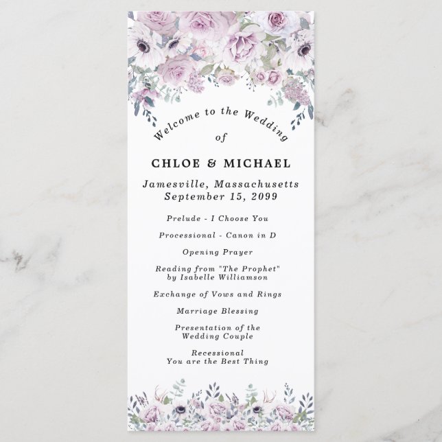 Rustic Purple Rose Floral Wedding Programme (Front)