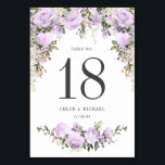 Rustic Purple Rose Floral Wedding Table Number<br><div class="desc">A lush top border of purple roses and sage green leaves and vines creates an elegant frame for this table number card. A purple rose spray defines the bottom. The table number is written in a large dark grey font. The wedding couple's names and wedding date are below. Very easy...</div>