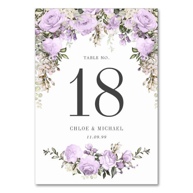 Rustic Purple Rose Floral Wedding Table Number (Front)