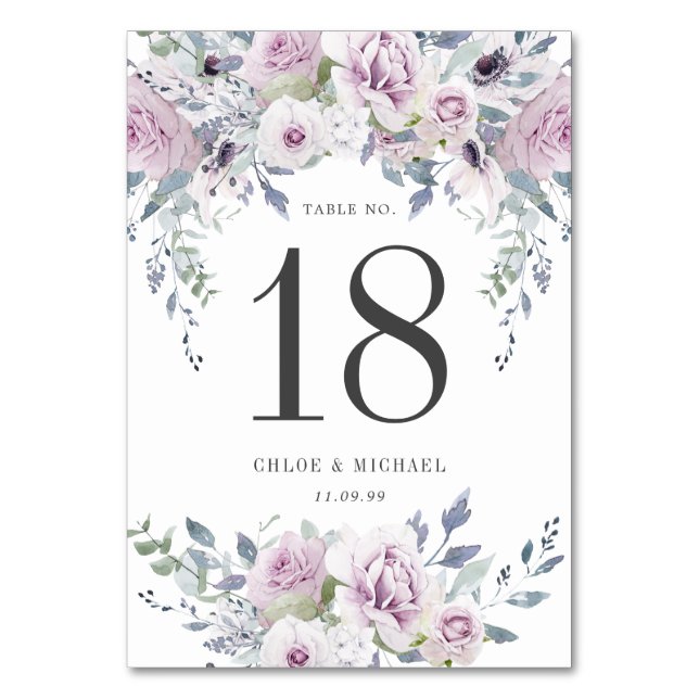 Rustic Purple Rose Floral Wedding Table Number (Front)