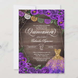 Rustic Purple Rose Glitter Gown Fiesta Quinceañera Invitation
