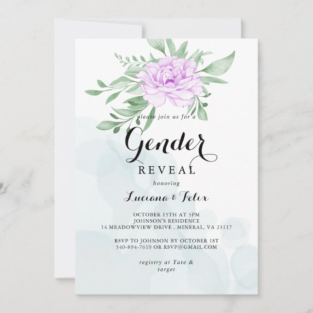 Rustic Purple Rose Leaves Greenery Gender Reveal   Invitation (Front)