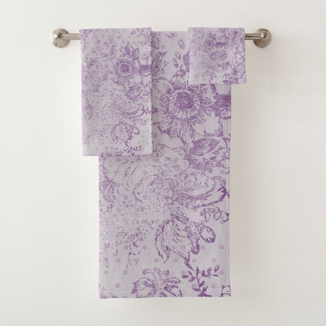 rustic purple, shabby chic,pale lavender florals, bath towel set (Insitu)