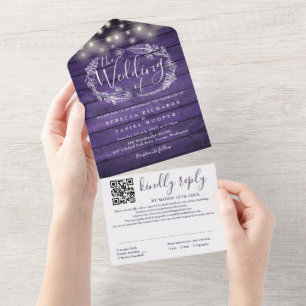 Rustic Purple String Lights Floral QR Code Wedding All In One Invitation