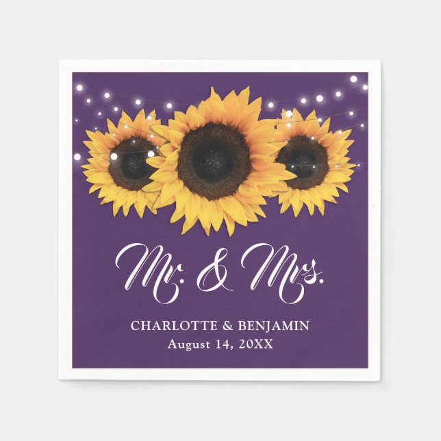 Rustic Purple String Lights Sunflower Wedding Napkin (Front)