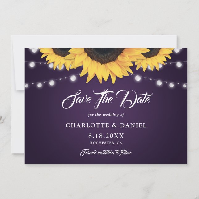 Rustic Purple String Lights Sunflower Wedding Save The Date (Front)