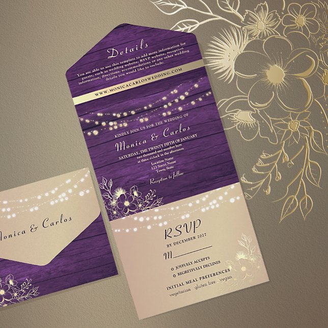Rustic Purple String Lights Wedding  All In One Invitation (Creator Uploaded)