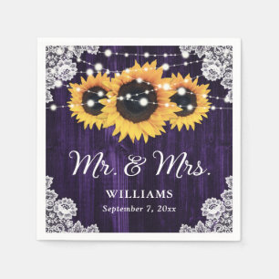 Rustic Purple Sunflower Mr and Mrs Wedding Napkin